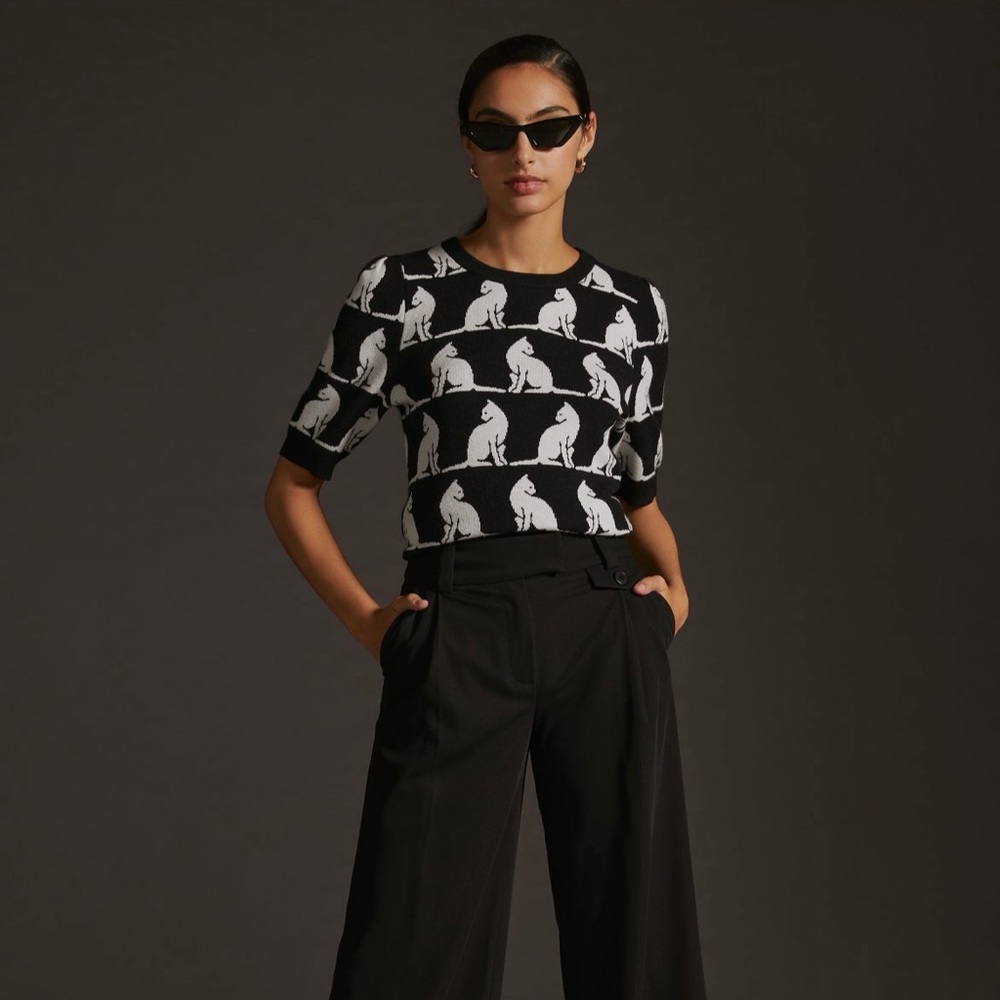 Anthropologie Black and White Cat Pattern Sweater